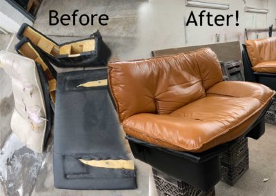 Before and after of leather repair job on love sofa.